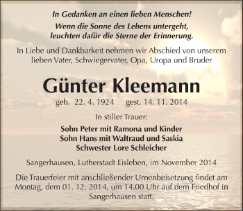 Traueranzeige von Günter Kleemann von Mitteldeutsche Zeitung Sangerhausen