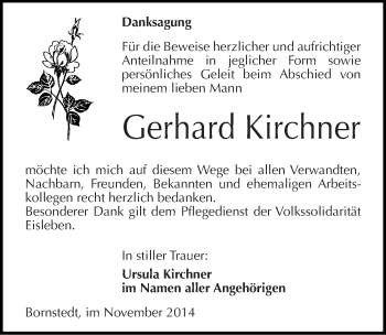 Traueranzeige von Gerhard Kirchner von Mitteldeutsche Zeitung Mansfelder Land