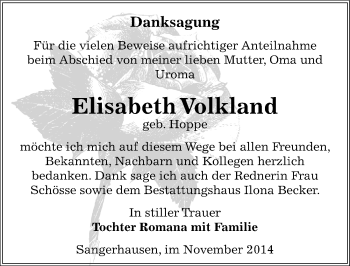Traueranzeige von Elisabeth Volkland von Mitteldeutsche Zeitung Sangerhausen