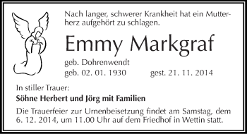 Traueranzeige von Emmy Markgraf von Mitteldeutsche Zeitung Halle/Saalkreis