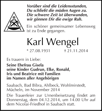 Traueranzeige von Karl Wengel von Mitteldeutsche Zeitung Naumburg/Nebra