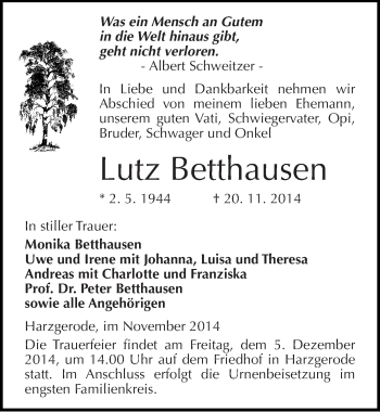 Traueranzeige von Lutz Betthausen von Mitteldeutsche Zeitung Quedlinburg