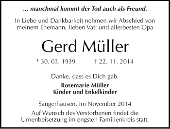 Traueranzeige von Gerd Müller von Mitteldeutsche Zeitung Sangerhausen