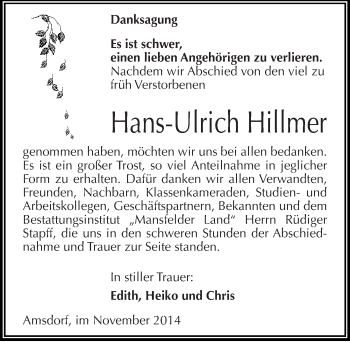 Traueranzeige von Hans-Ulrich Hillmer von Mitteldeutsche Zeitung Mansfelder Land