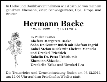 Traueranzeige von Hermann Backe von Mitteldeutsche Zeitung Wittenberg