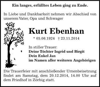 Traueranzeige von Kurt Ebenhan von Mitteldeutsche Zeitung Bitterfeld