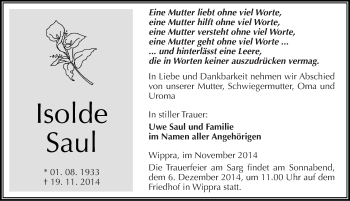 Traueranzeige von Isolde Saul von Mitteldeutsche Zeitung Mansfelder Land