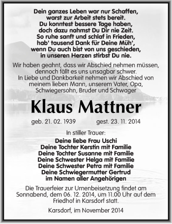 Traueranzeige von Klaus Mattner von Mitteldeutsche Zeitung Naumburg/Nebra