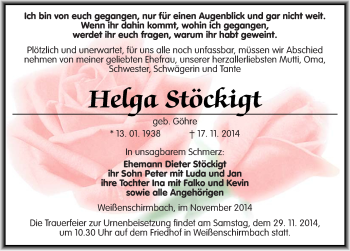 Traueranzeige von Helga Stöckigt von Mitteldeutsche Zeitung Merseburg/Querfurt