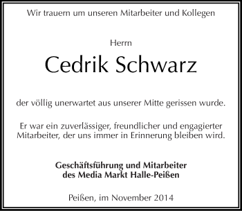 Traueranzeige von Cedrik Schwarz von Mitteldeutsche Zeitung