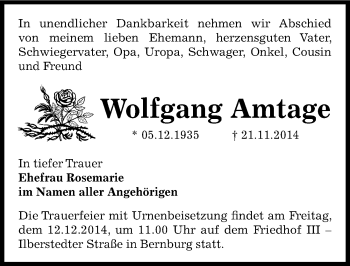 Traueranzeige von Wolfgang Amtage von Mitteldeutsche Zeitung Bernburg