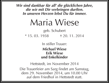 Traueranzeige von Maria Wiese von Mitteldeutsche Zeitung Mansfelder Land