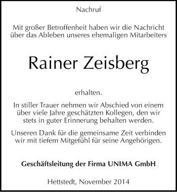 Traueranzeige von Rainer Zeisberg von Mitteldeutsche Zeitung Mansfelder Land