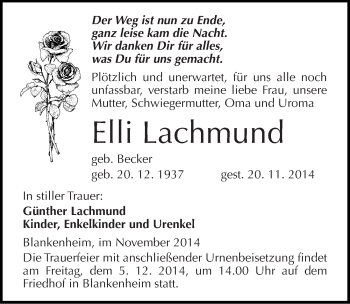 Traueranzeige von Elli Lachmund von Mitteldeutsche Zeitung Sangerhausen