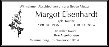 Traueranzeige von Margot Eisenhardt von Mitteldeutsche Zeitung Mansfelder Land
