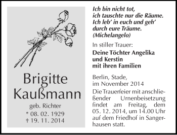 Traueranzeige von Brigitte Kaußmann von Mitteldeutsche Zeitung Sangerhausen