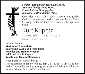 Traueranzeige von Kurt Kupetz von Mitteldeutsche Zeitung Naumburg/Nebra