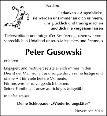 Traueranzeige von Peter Gusowski von Mitteldeutsche Zeitung Merseburg/Querfurt