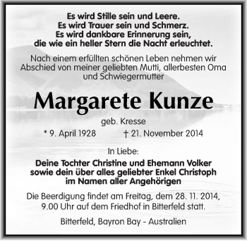 Traueranzeige von Margarete Kunze von Mitteldeutsche Zeitung Bitterfeld