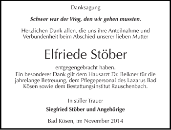 Traueranzeige von Elfriede Stöber von Mitteldeutsche Zeitung Naumburg/Nebra