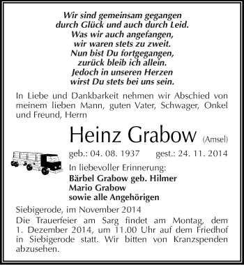 Traueranzeige von Heinz Grabow von Mitteldeutsche Zeitung Mansfelder Land