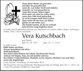 Traueranzeige von Vera Kutschbach von Mitteldeutsche Zeitung Naumburg/Nebra