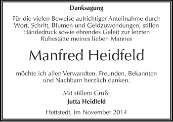 Traueranzeige von Manfred Heidfeld von Mitteldeutsche Zeitung Mansfelder Land