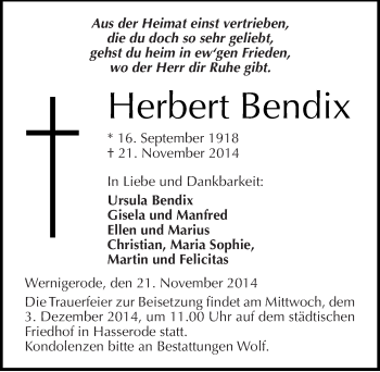 Traueranzeige von Herbert Bendix von Mitteldeutsche Zeitung Quedlinburg