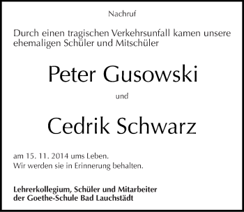 Traueranzeige von Peter und Cedrik  von Mitteldeutsche Zeitung Merseburg/Querfurt