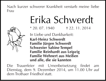 Traueranzeige von Erika Schwerdt von Mitteldeutsche Zeitung Halle/Saalkreis
