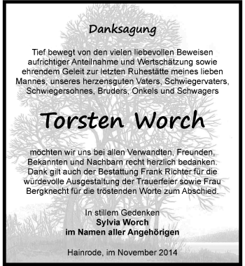 Traueranzeige von Torsten Worch von Mitteldeutsche Zeitung Sangerhausen