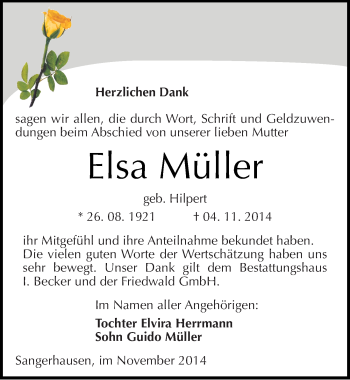 Traueranzeige von Elsa Müller von Mitteldeutsche Zeitung