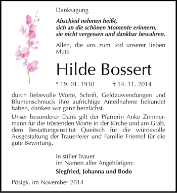 Traueranzeige von Hilde Bossert von Mitteldeutsche Zeitung Köthen