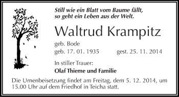 Traueranzeige von Waltrud Krampitz von Mitteldeutsche Zeitung Halle/Saalkreis