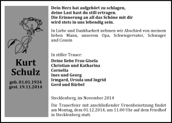 Traueranzeige von Kurt Schulz von Mitteldeutsche Zeitung Quedlinburg