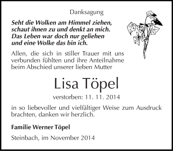 Traueranzeige von Lisa Töpel von Mitteldeutsche Zeitung Naumburg/Nebra