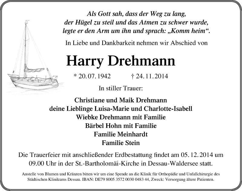  Traueranzeige für Harry Drehmann vom 29.11.2014 aus Mitteldeutsche Zeitung