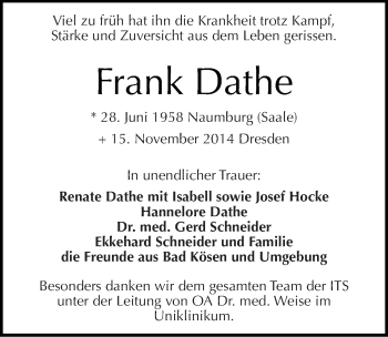 Traueranzeige von Frank Dathe von Mitteldeutsche Zeitung Naumburg/Nebra