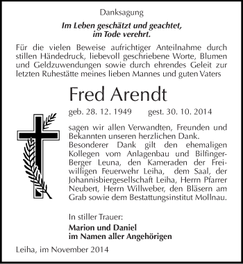 Traueranzeige von Fred Arendt von Mitteldeutsche Zeitung