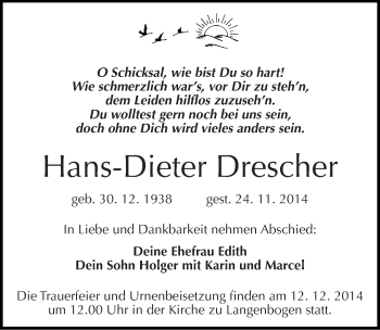 Traueranzeige von Hans-Dieter Drescher von Mitteldeutsche Zeitung Halle/Saalkreis