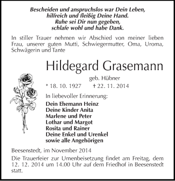 Traueranzeige von Hildegard Grasemann von Mitteldeutsche Zeitung Halle/Saalkreis