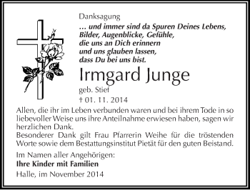 Traueranzeige von Irmgard Junge von Mitteldeutsche Zeitung Halle/Saalkreis