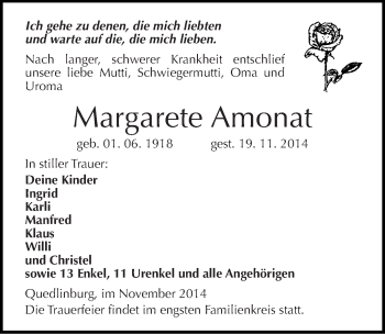 Traueranzeige von Margarete Amonat von Mitteldeutsche Zeitung Quedlinburg