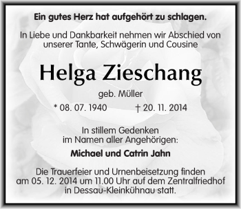 Traueranzeige von Helga Zieschang von Mitteldeutsche Zeitung Dessau-Roßlau