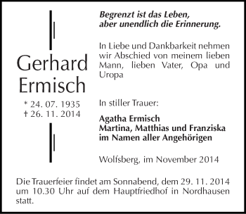 Traueranzeige von Gerhard Ermisch von Mitteldeutsche Zeitung Sangerhausen