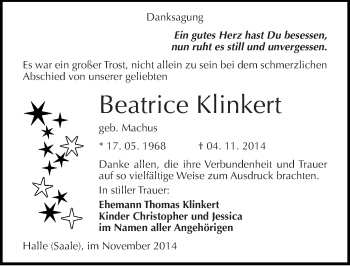 Traueranzeige von Beatrice Klinkert von Mitteldeutsche Zeitung Halle/Saalkreis