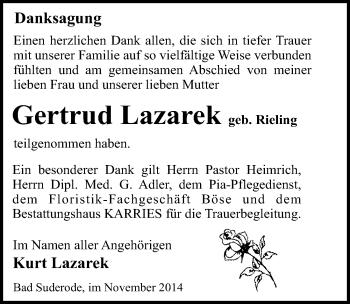 Traueranzeige von Gertrud Lazarek von Mitteldeutsche Zeitung