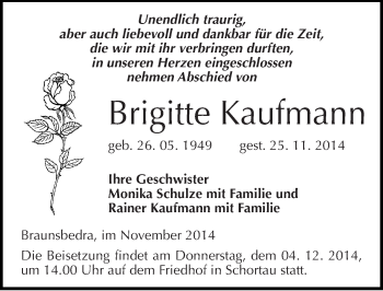 Traueranzeige von Brigitte Kaufmann von Mitteldeutsche Zeitung Merseburg/Querfurt