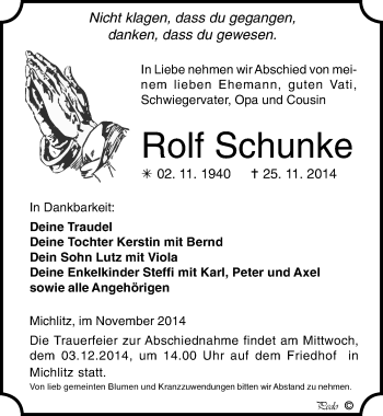 Traueranzeige von Rolf Schunke von Mitteldeutsche Zeitung Weißenfels