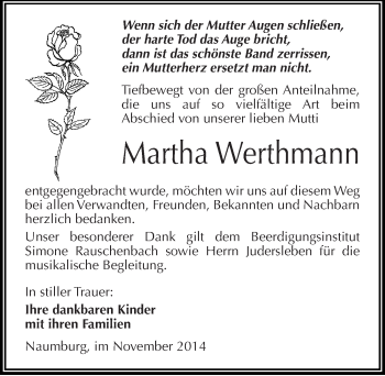 Traueranzeige von Martha Werthmann von Mitteldeutsche Zeitung Naumburg/Nebra